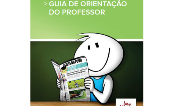 Livro Guia de Orientação do Professor. Mascote do Ler e Pensar lê sorrindo o Jornal Gazeta do Povo