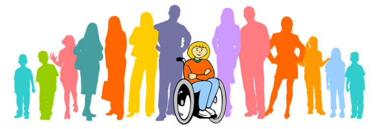 Ilustração de pessoas em pé e à frente uma pessoa sentada em cadeira de rodas de braços cruzados.