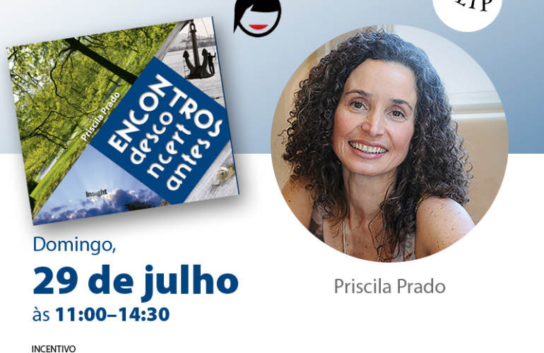 Flyer de divulgação do pré-lançamento do livro. Capa do livro e foto da autora Priscila Prado. Ela tem pela clara, cabelos médios castanhos e encaracolados. Sorri.