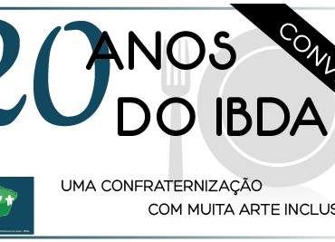 Imagem com fundo branco escrito em preto 20 anos do IBDA. Abaixo: Uma confraternização com muita arte inclusiva.