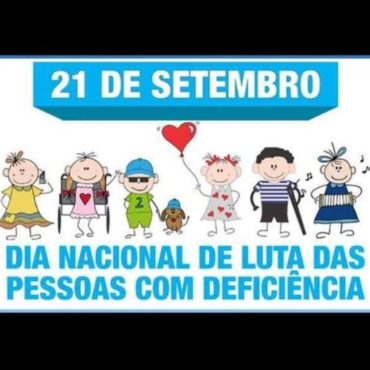 Dia da Luta Pelos Direitos das Pessoas com Deficiência - Imagem retangular em azul claro e branco, com desenhos representando pessoas com deficiência 21 de setembro dia nacional de luta das pessoas com deficiência