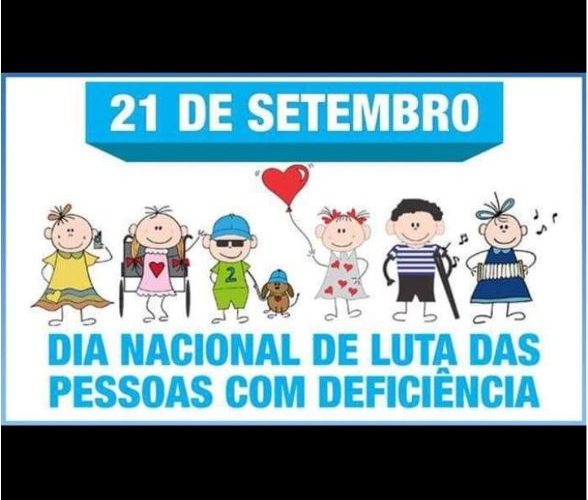 Dia da Luta Pelos Direitos das Pessoas com Deficiência - Imagem retangular em azul claro e branco, com desenhos representando pessoas com deficiência 21 de setembro dia nacional de luta das pessoas com deficiência