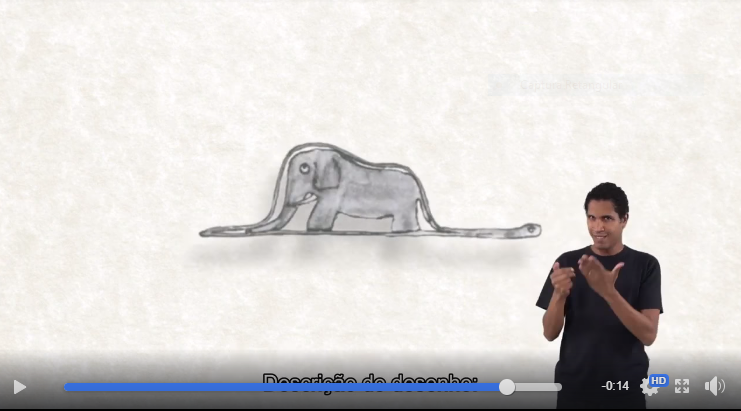 Print da tela do Livro audiovisual acessível. No centro o desenho de um elefante. Do lado direito, um intérprete de LIBRAS.